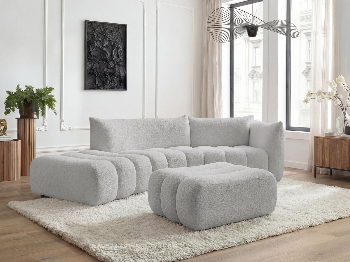 Bobochic Azra Ecksofa mit Pouf 325 × 112 cm Bouclé-Stoff Hellgrau Ecke rechts