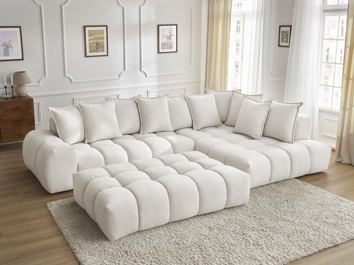 Bobochic Everest Ecksofa mit Schlaffunktion und Pouf, 10 Kissen Strukturstoff Weiß Ecke rechts
