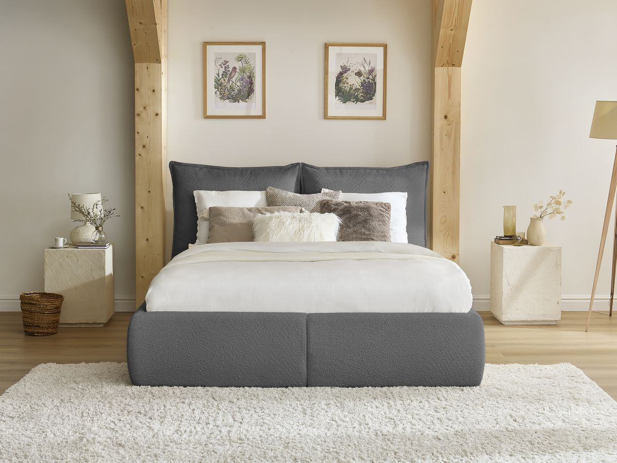 Bobochic Garance Polsterbett mit Bettkasten Bouclé-Stoff Dunkelgrau, Liegefläche 160 × 200 cm