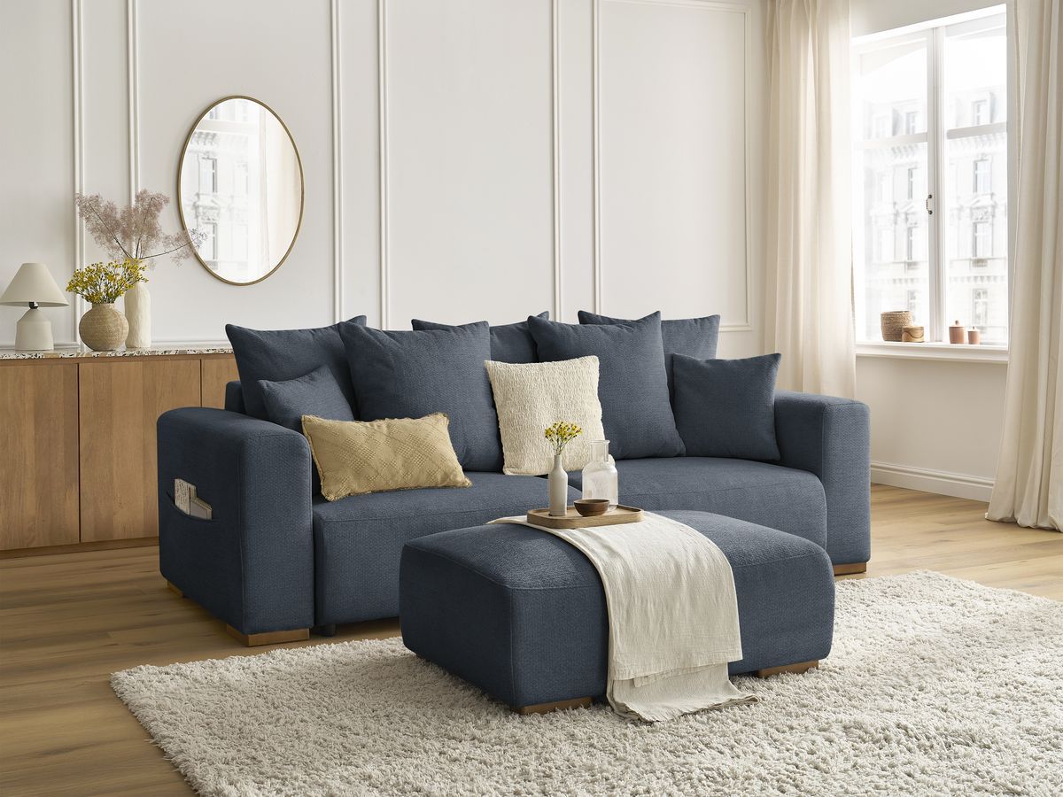 Bobochic Sidonie Schlafsofa 4-Sitzer mit Bettkasten und Pouf Melange-Stoff Dunkelblau