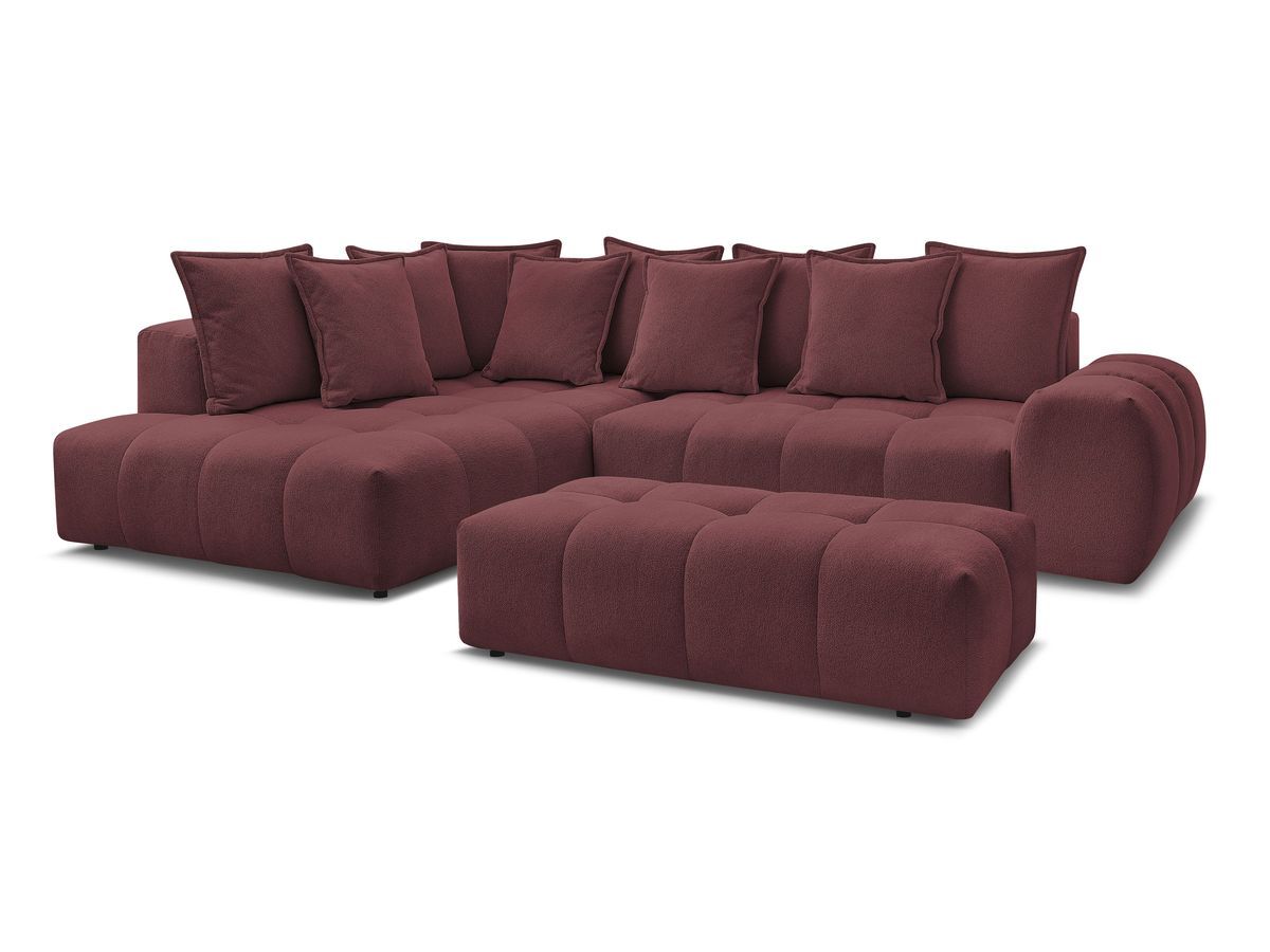 Bobochic Everest Ecksofa mit Schlaffunktion und Bettkasten und Pouf 320 × 212 cm, 10 Kissen Melange-Stoff Rot Ecke links