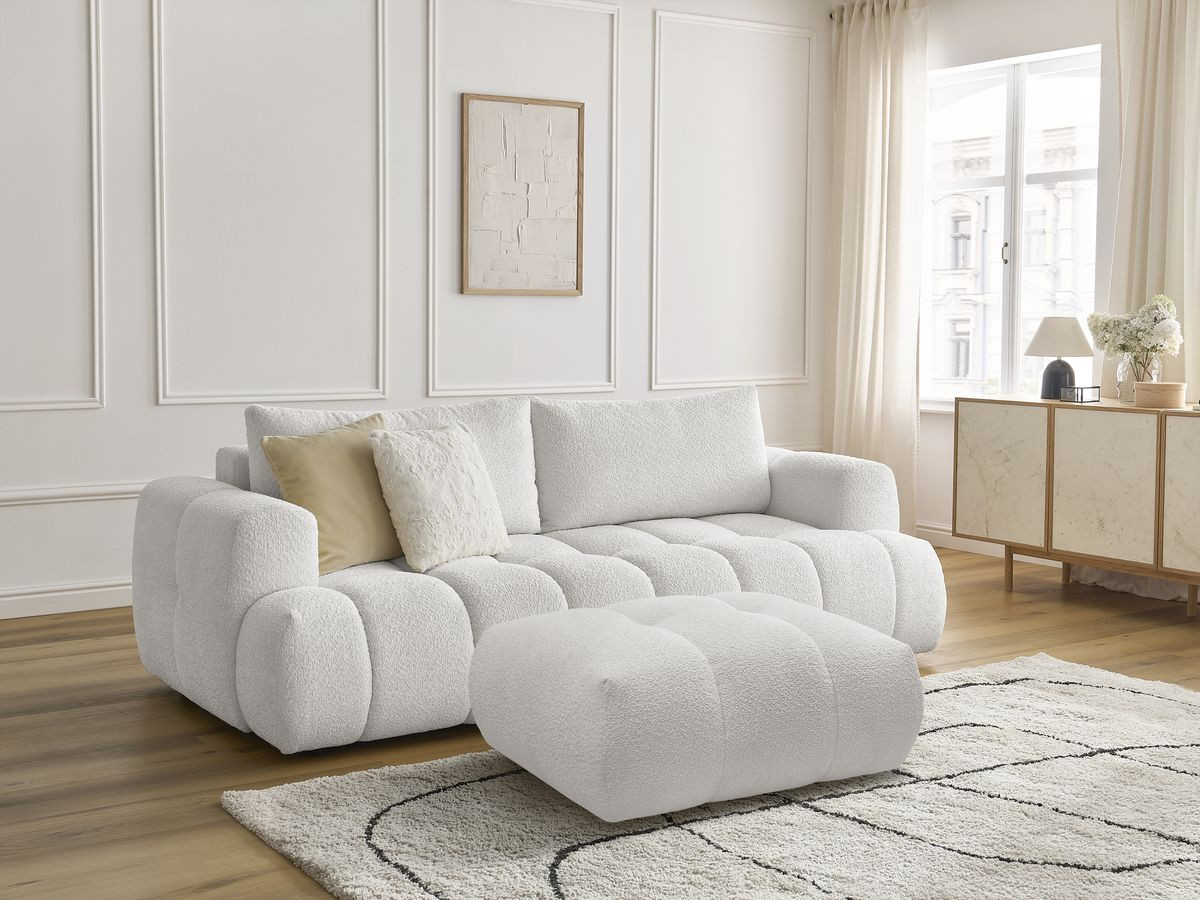 Bobochic Fuji Schlafsofa 3-Sitzer mit Bettkasten und Pouf Bouclé-Stoff Weiß