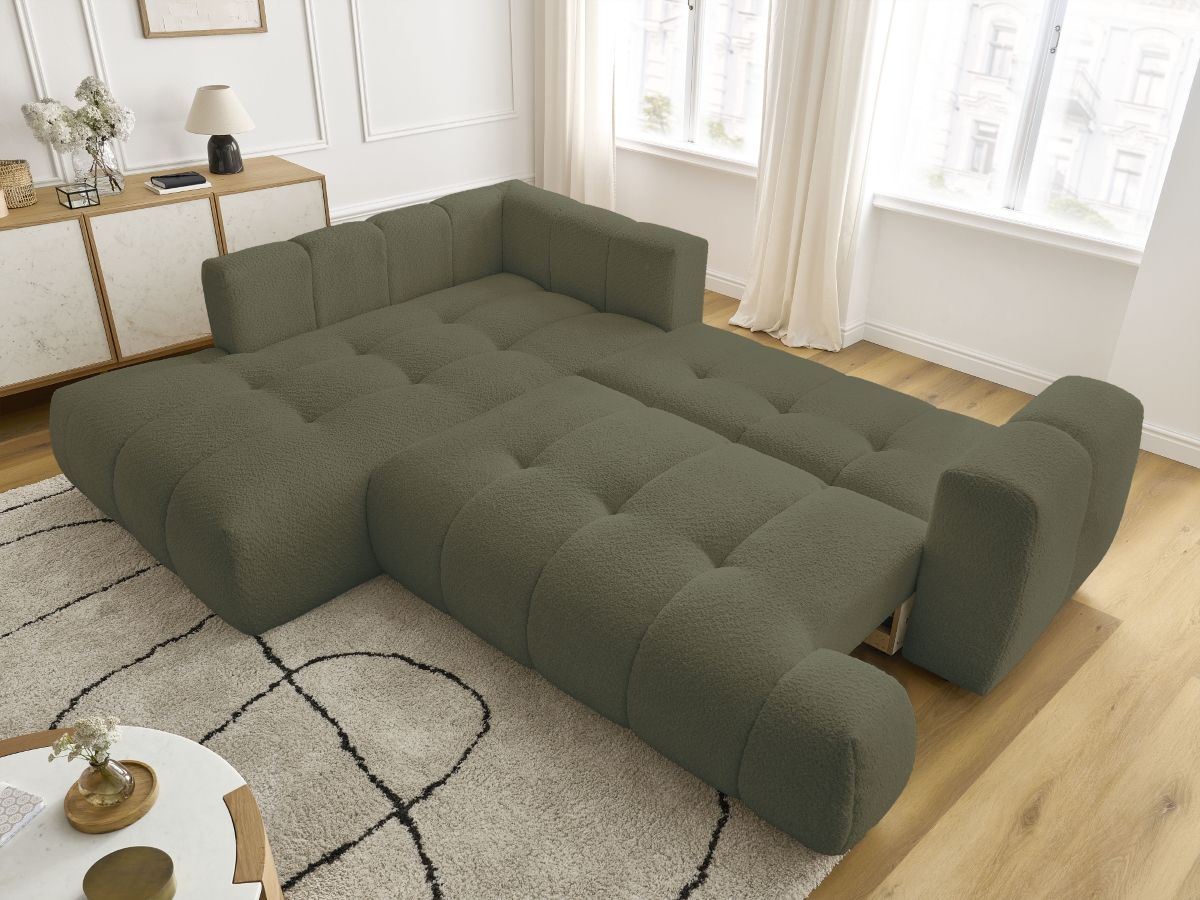 Bobochic Fuji Ecksofa mit Schlaffunktion und Bettkasten 282 × 204 cm Bouclé-Stoff Grün Ecke links