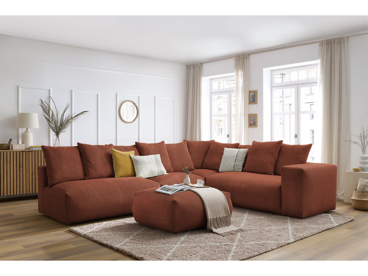 Bobochic Voltaire Ecksofa mit Pouf 322 × 268 cm Cordsamt Orange Ecke rechts