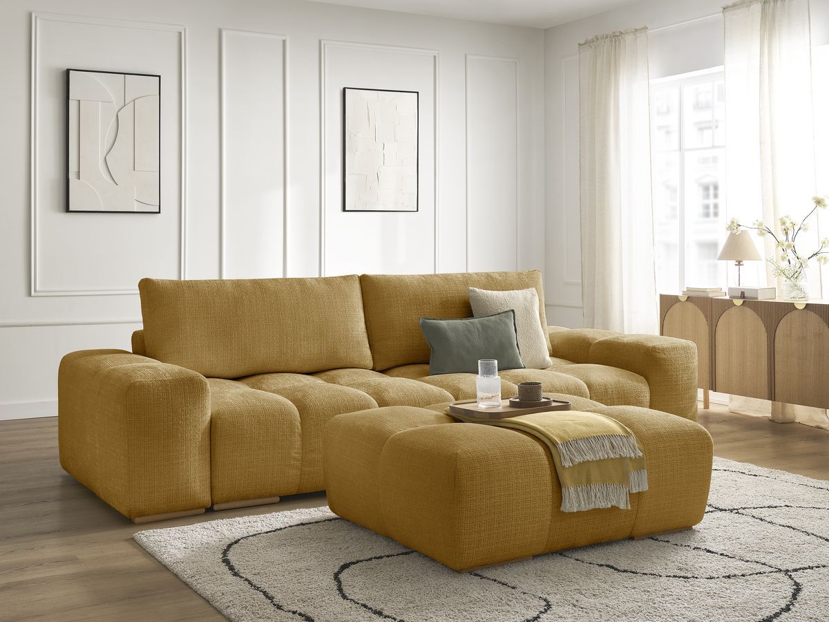 Bobochic Anakin Schlafsofa 3-Sitzer mit Bettkasten und Pouf, 2 Kissen Strukturstoff Gelb