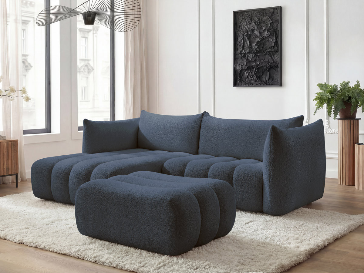 Bobochic Azra Ecksofa mit Pouf 262 × 178 cm Bouclé-Stoff Dunkelblau Ecke links