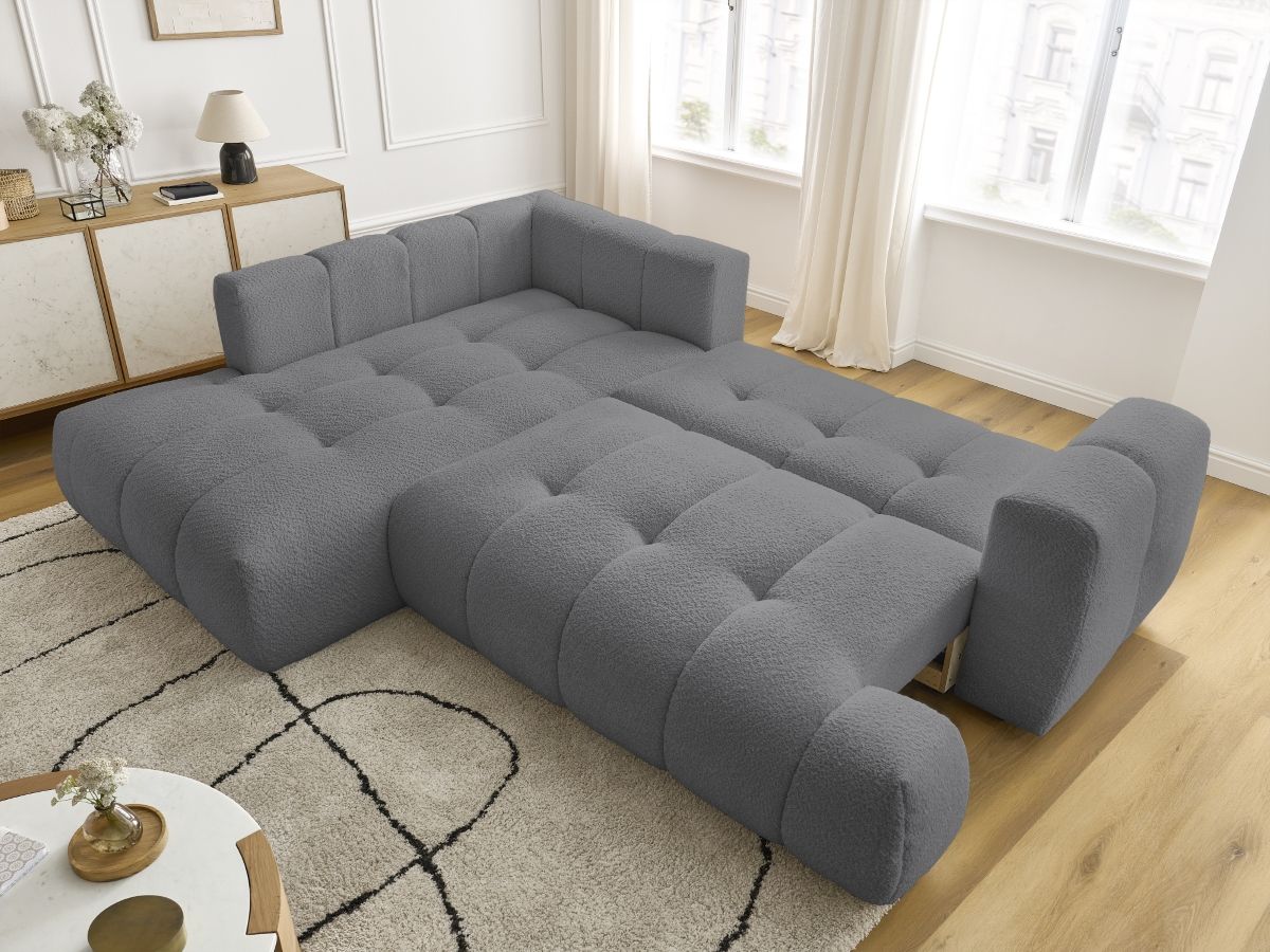 Bobochic Fuji Ecksofa mit Schlaffunktion und Bettkasten 282 × 204 cm Bouclé-Stoff Dunkelgrau Ecke links
