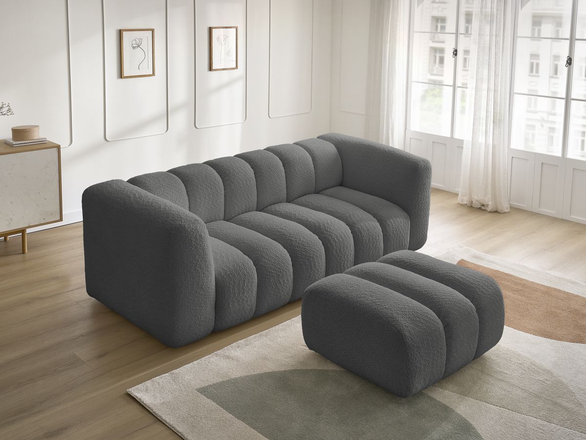 Bobochic Talia Sofa 3-Sitzer mit Pouf Bouclé-Stoff Dunkelgrau