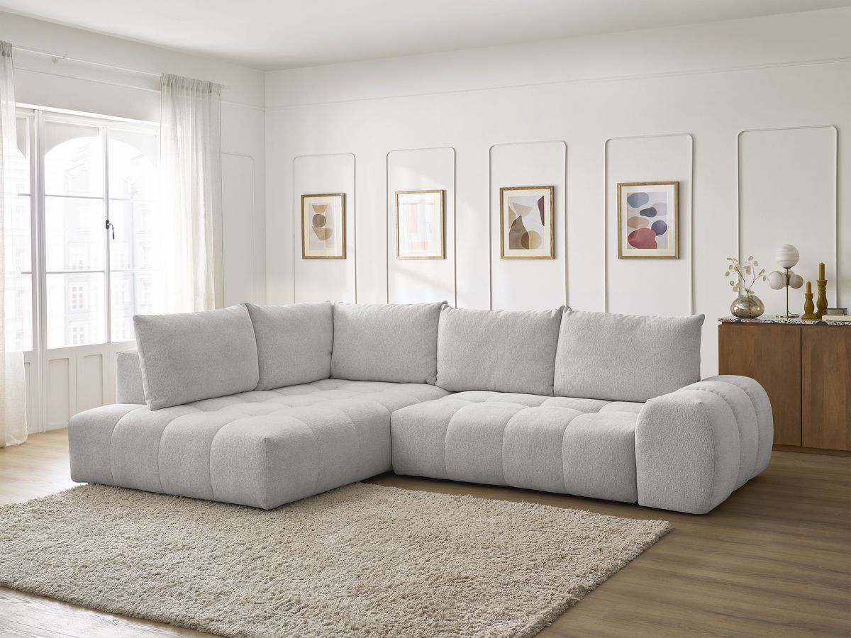 Bobochic Everest Ecksofa mit Schlaffunktion und Bettkasten 320 × 212 cm, 5 Kissen Melange-Stoff Hellgrau Ecke links