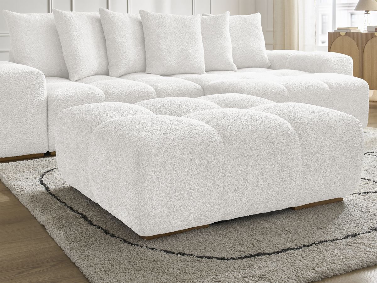 Bobochic Anakin Ecksofa mit Pouf, 6 Kissen Bouclé-Stoff Weiß