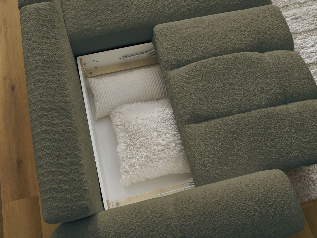 Bobochic Roxelane Ecksofa mit Schlaffunktion und Bettkasten 258 × 150 cm Bouclé-Stoff Grün Ecke rechts