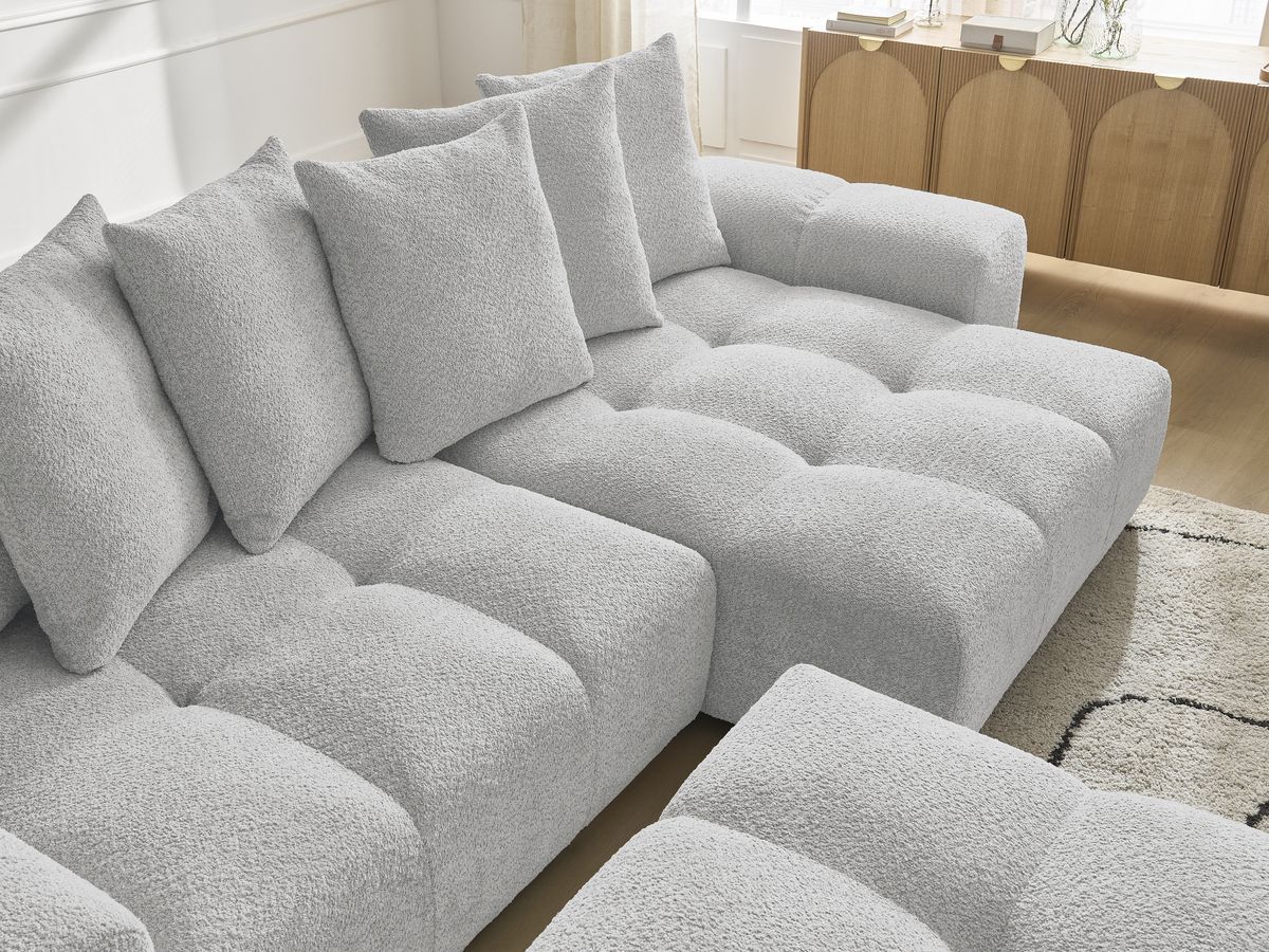 Bobochic Anakin Ecksofa mit Pouf, 6 Kissen Bouclé-Stoff Hellgrau