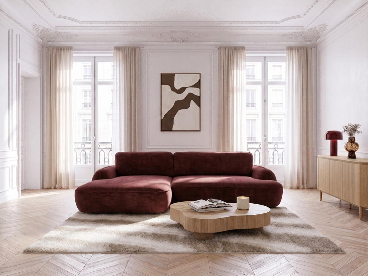 Bobochic Celeste Ecksofa mit Schlaffunktion und Bettkasten Stoff Rot Ecke links