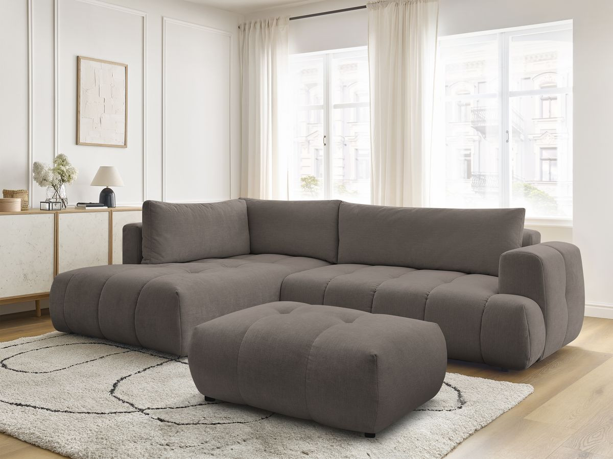Bobochic Fuji Ecksofa mit Schlaffunktion und Bettkasten und Pouf 282 × 204 cm Stoff Taupe Ecke links
