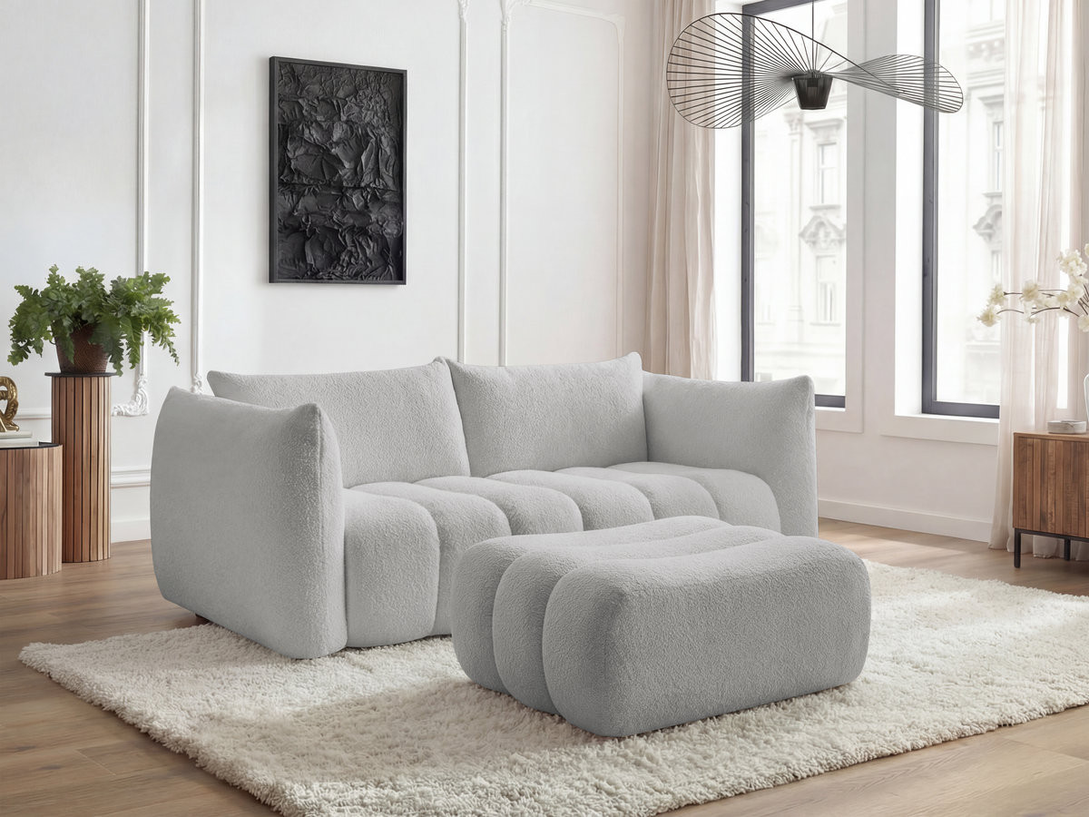 Bobochic Azra Sofa 3-Sitzer mit Pouf Bouclé-Stoff Hellgrau