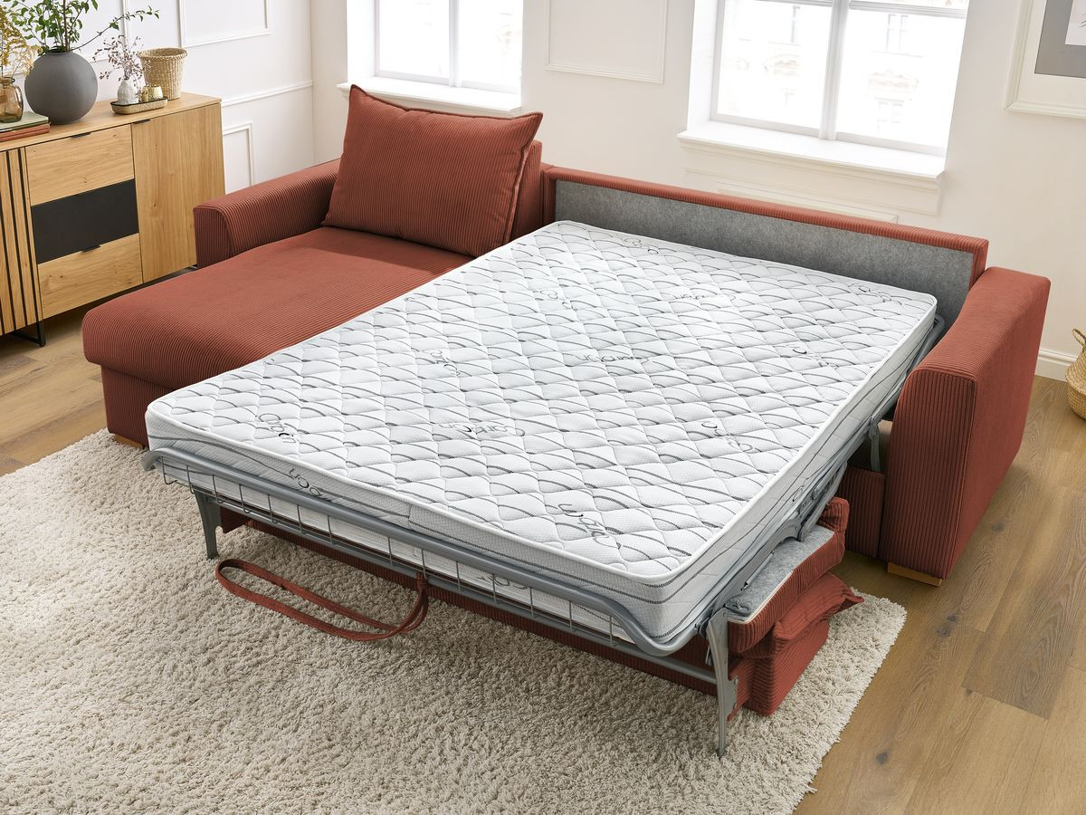 Bobochic Augustin Ecksofa mit Schlaffunktion und Bettkasten Cordsamt Orange, Liegefläche 140 × 200 cm