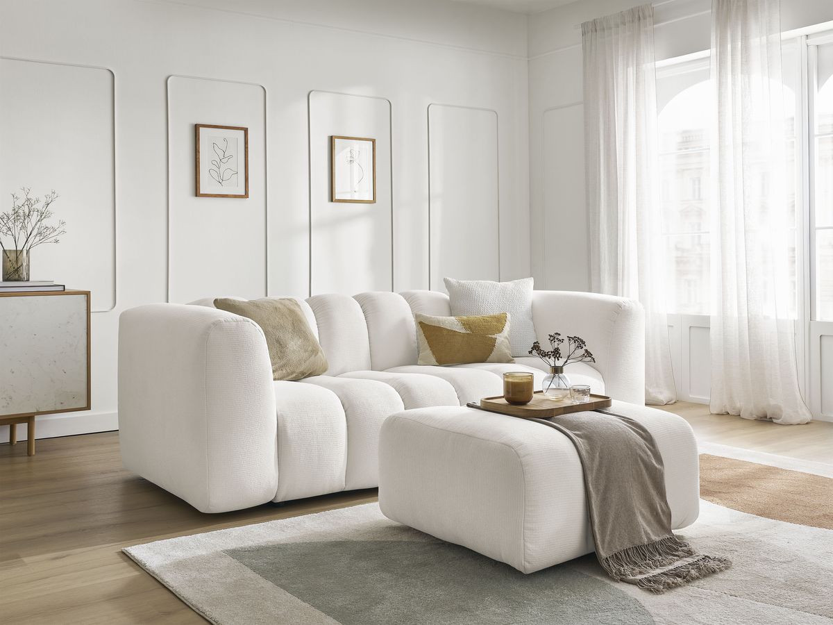 Bobochic Talia Sofa 3-Sitzer mit Pouf Melange-Stoff Weiß