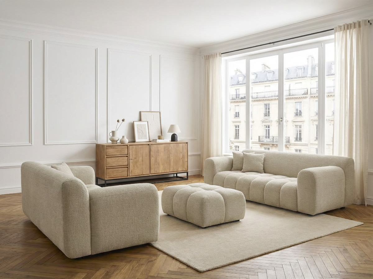 Bobochic Melisse Sofa 5-Sitzer mit Pouf Strukturstoff Beige