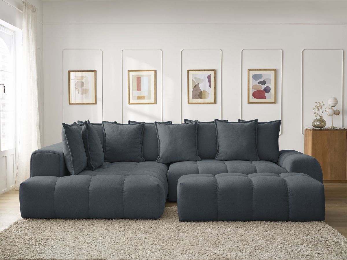 Bobochic Everest Ecksofa mit Schlaffunktion und Bettkasten und Pouf 320 × 212 cm, 10 Kissen Strukturstoff Dunkelblau Ecke links