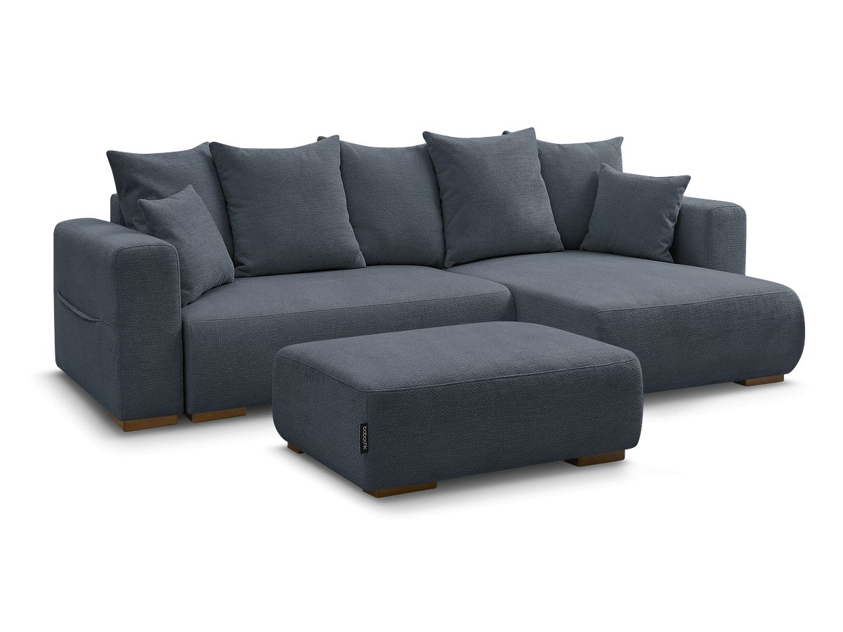Bobochic Sidonie Ecksofa mit Schlaffunktion und Bettkasten und Pouf Melange-Stoff Dunkelblau