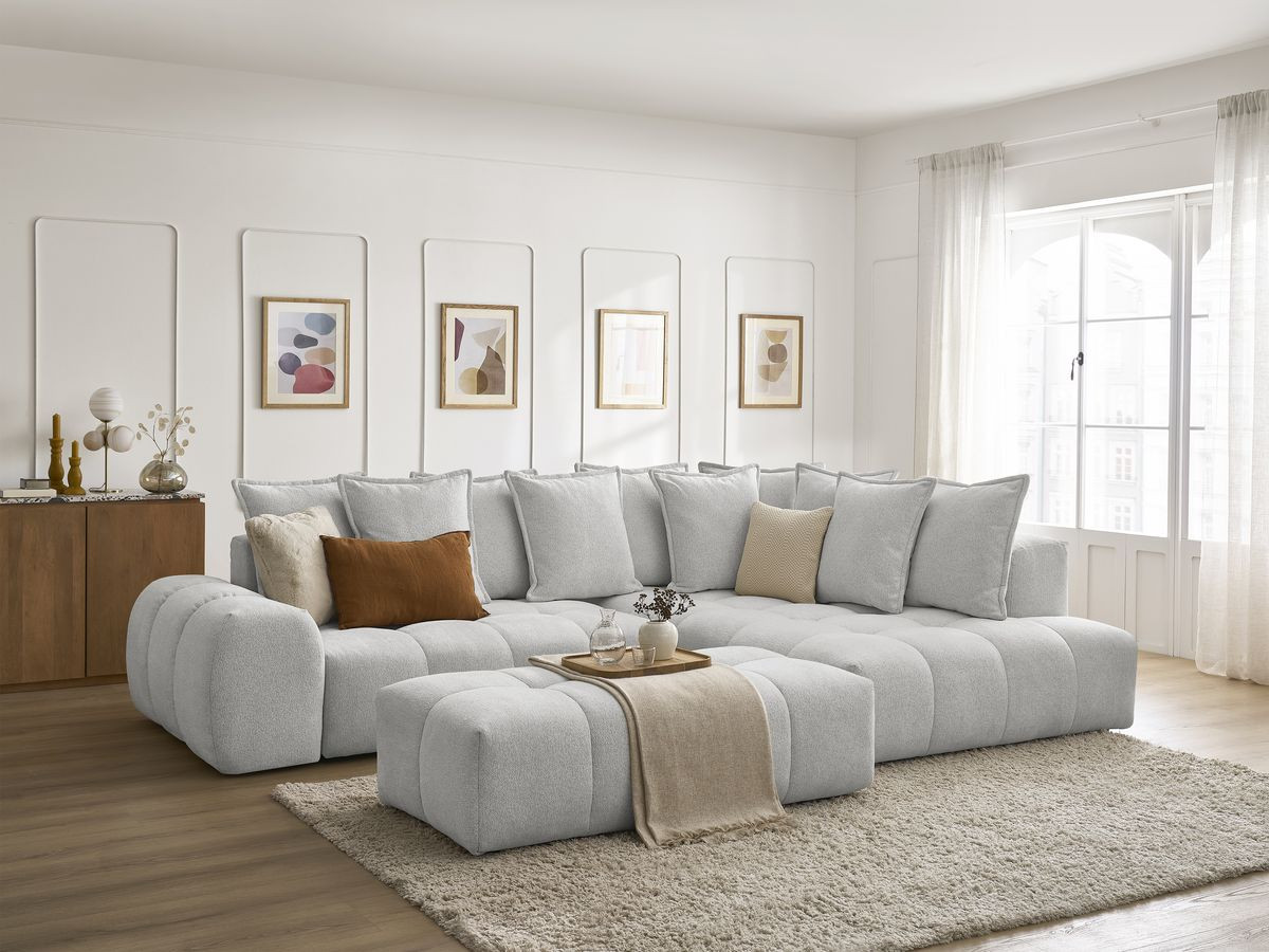 Bobochic Everest Ecksofa mit Schlaffunktion und Bettkasten und Pouf 320 × 212 cm, 10 Kissen Melange-Stoff Hellgrau Ecke rechts