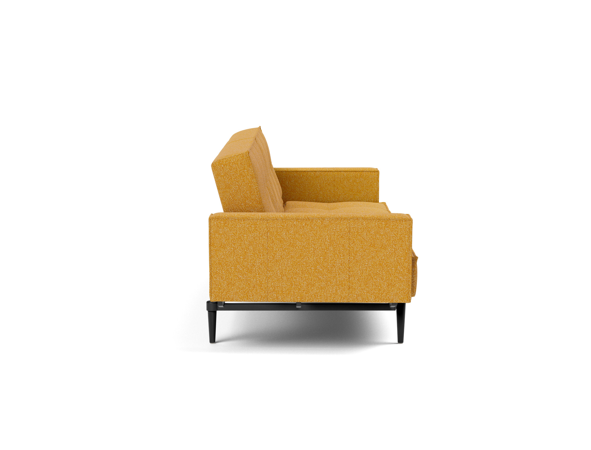 Schlafsofa Splitback mit Armlehnen Boucle Skandi 536-Ochre Beine Styletto Eiche schwarz