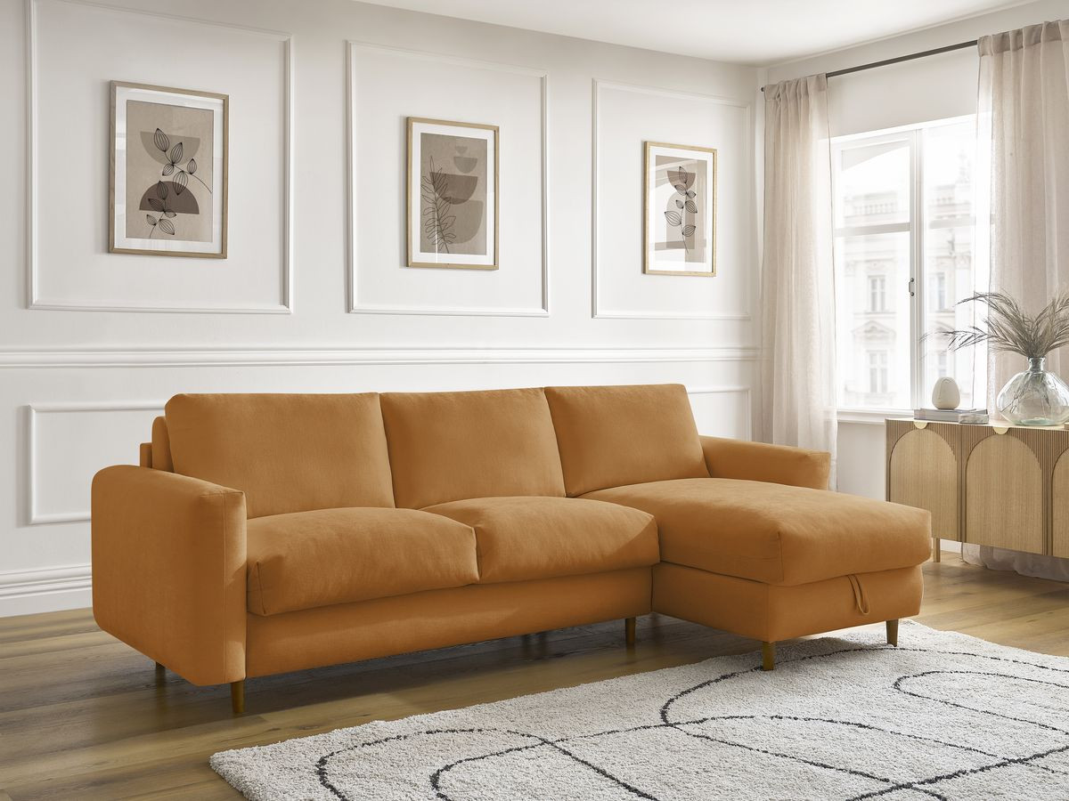 Bobochic Cocoone Ecksofa mit Schlaffunktion und Bettkasten Stoff Gelb, Liegefläche 160 × 200 cm