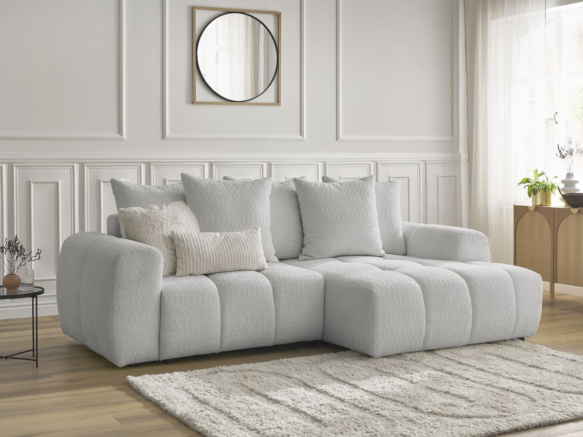 Bobochic Roxelane Ecksofa mit Schlaffunktion und Bettkasten 258 × 150 cm Bouclé-Stoff Hellgrau Ecke rechts