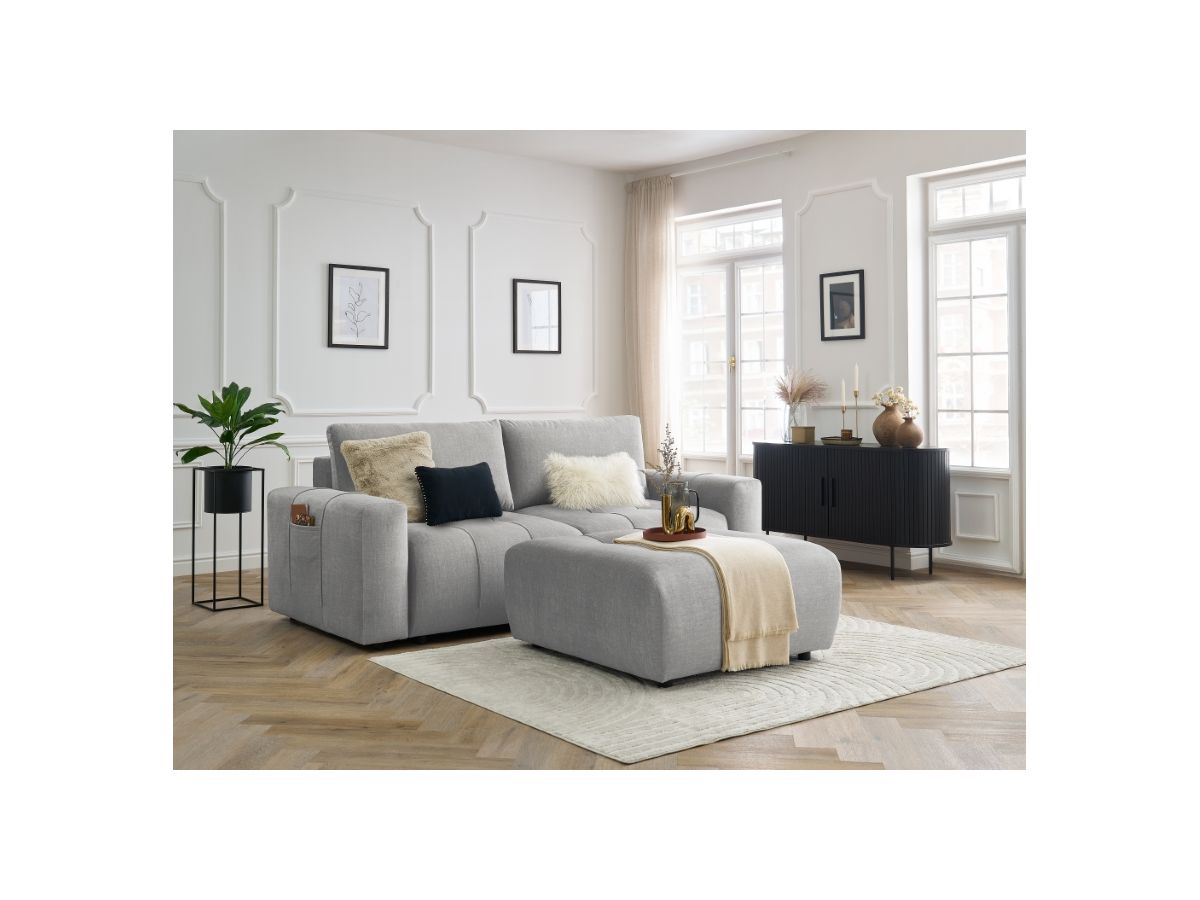 Bobochic Arsene Schlafsofa 4-Sitzer mit Bettkasten und Pouf Samt Hellgrau