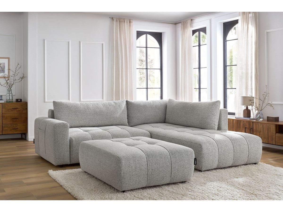 Bobochic Arsene Ecksofa mit Schlaffunktion und Bettkasten und Pouf 277 × 200 cm Melange-Stoff Hellgrau Ecke rechts