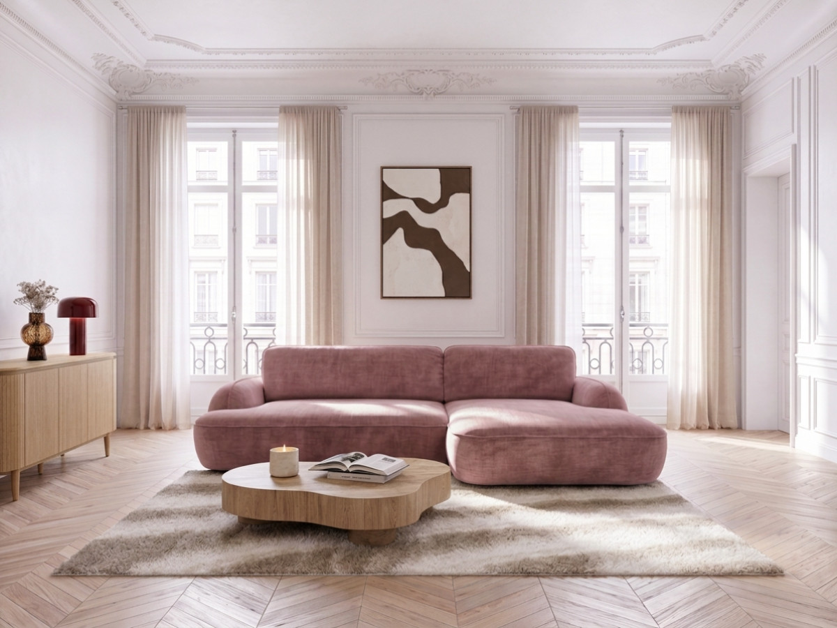 Bobochic Celeste Ecksofa mit Schlaffunktion und Bettkasten Stoff Rosa Ecke rechts