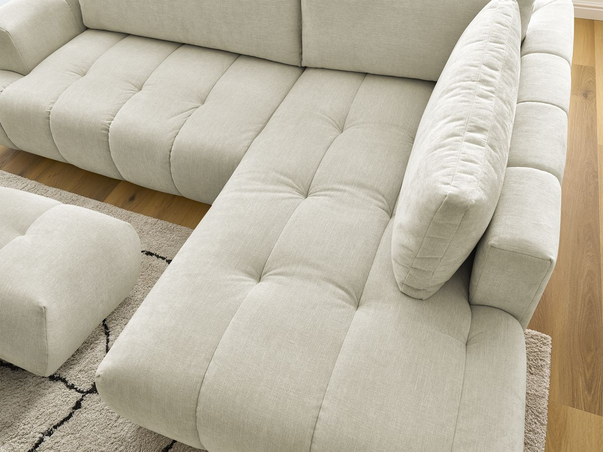 Bobochic Fuji Ecksofa mit Schlaffunktion und Bettkasten und Pouf 282 × 204 cm Stoff Beige Ecke rechts