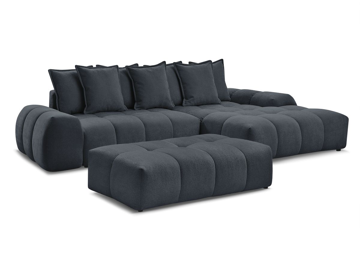 Bobochic Everest Ecksofa mit Schlaffunktion und Bettkasten und Pouf 318 × 180 cm, 7 Kissen Strukturstoff Blau Ecke rechts