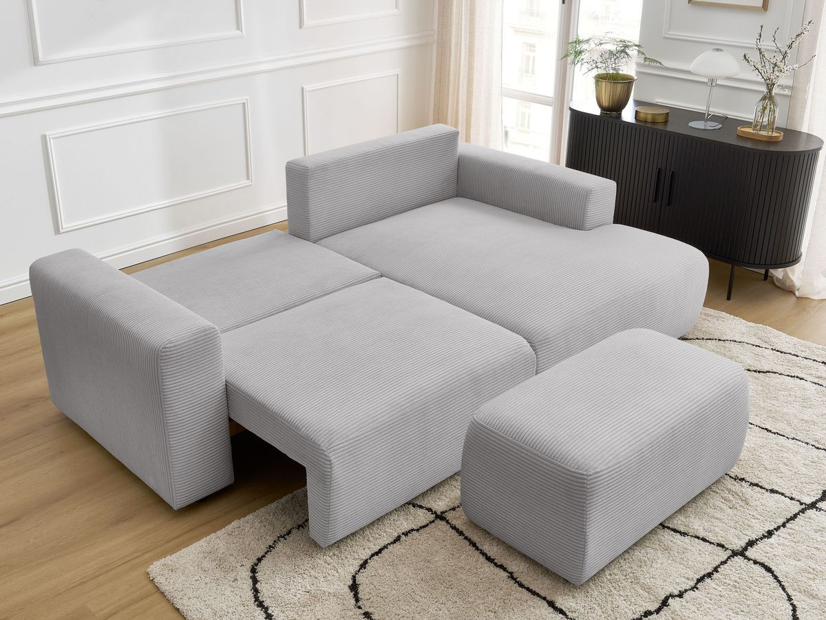 Bobochic Atilla Ecksofa mit Schlaffunktion und Bettkasten und Pouf Cordsamt Hellgrau Ecke rechts