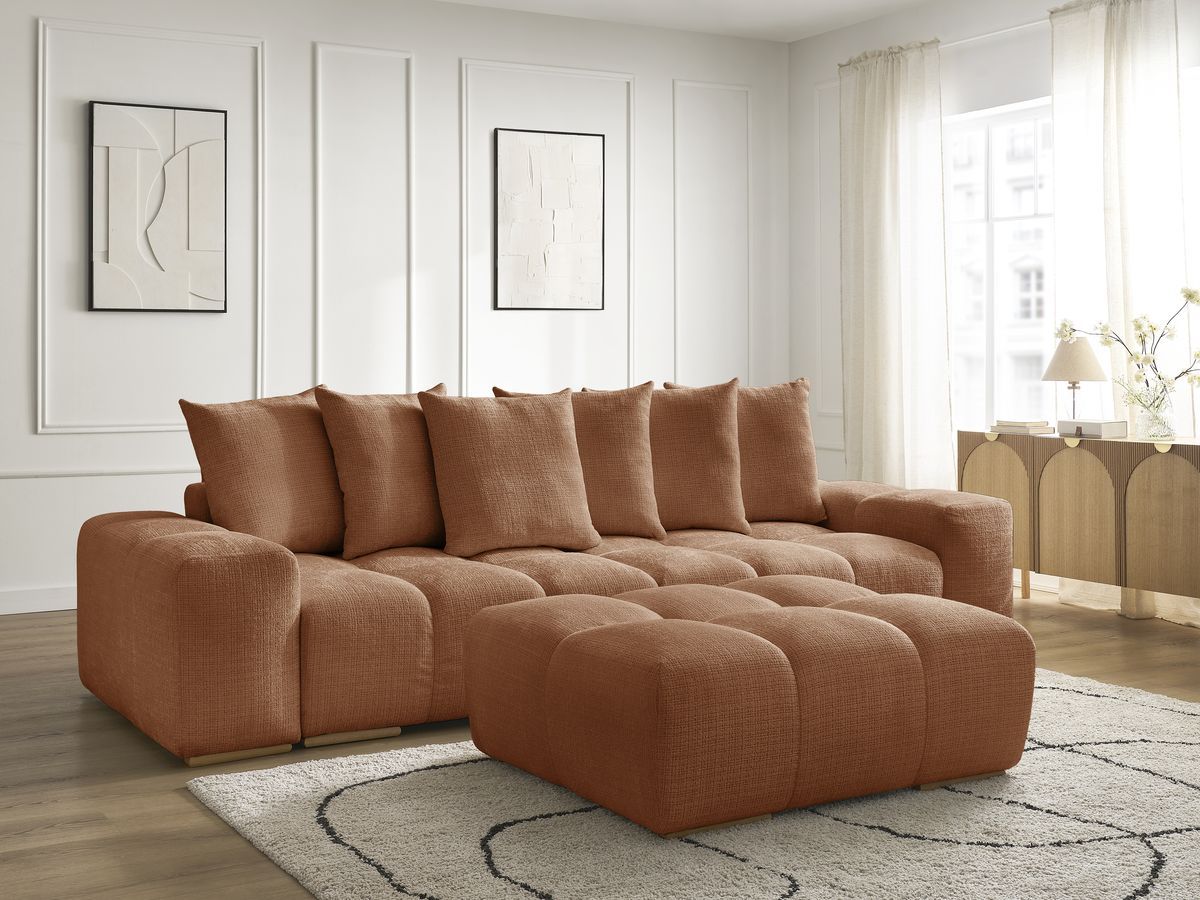 Bobochic Anakin Schlafsofa 3-Sitzer mit Bettkasten und Pouf, 6 Kissen Strukturstoff Orange