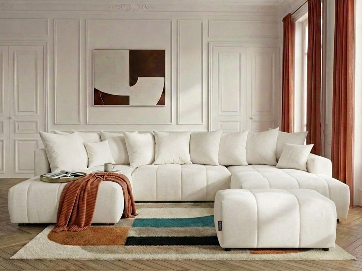 Bobochic Roxelane Wohnlandschaft mit Pouf Melange-Stoff Weiß Ecke rechts