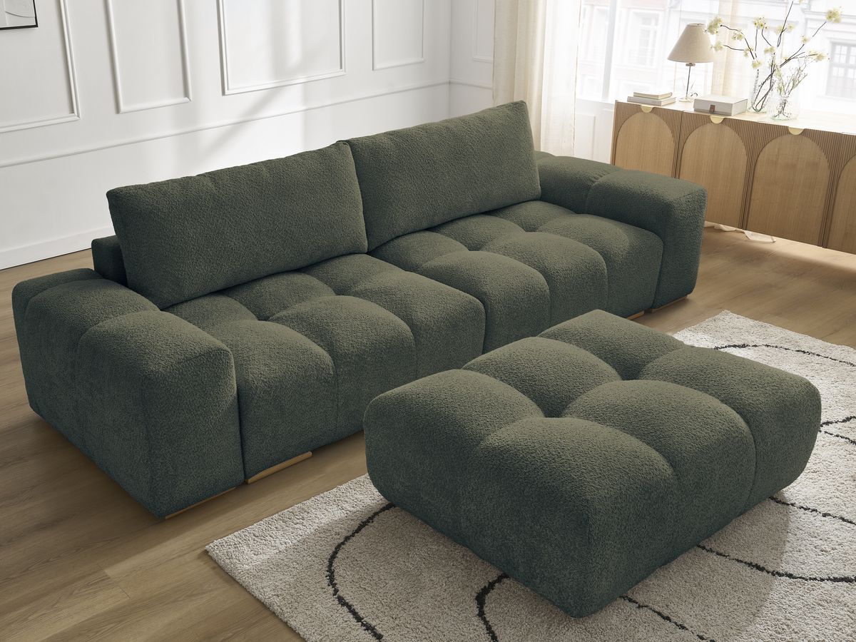 Bobochic Anakin Sofa 3-Sitzer mit Pouf, 2 Kissen Bouclé-Stoff Grün