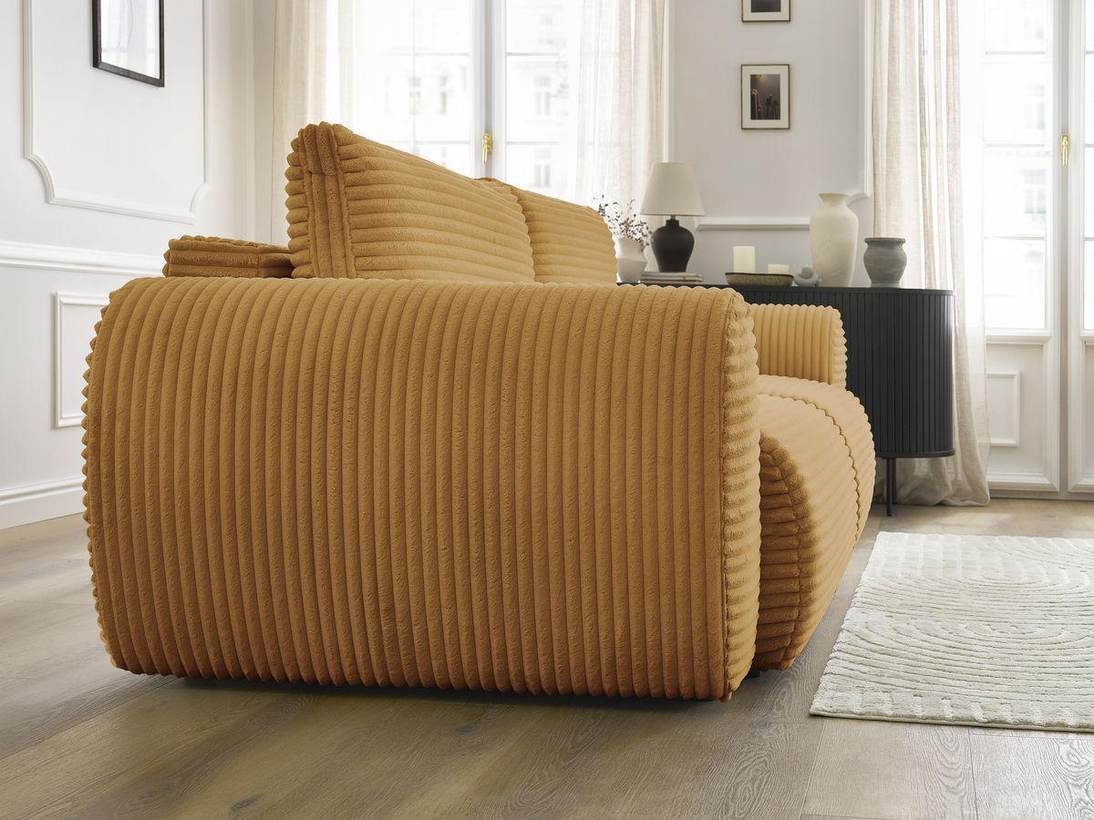 Bobochic Lucien Schlafsofa 3-Sitzer mit Bettkasten Breitcord weich Gelb