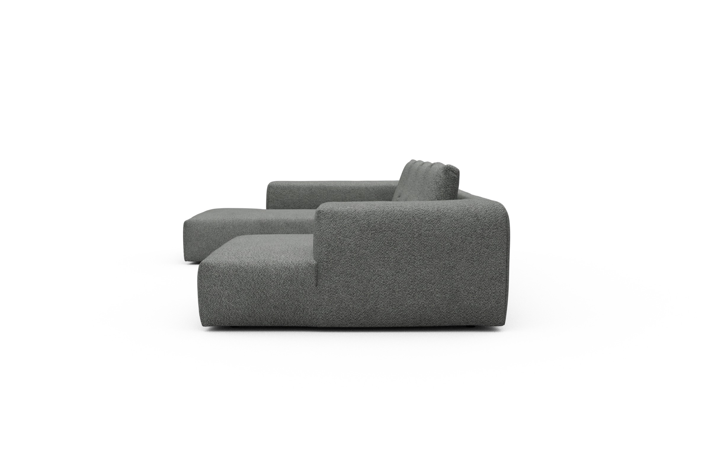 Wohnlandschaft Fred Relax-Ecke links mit 2-Sitzer und Chaiselongue rechts Boucle Vanora 868-Warm-Grey