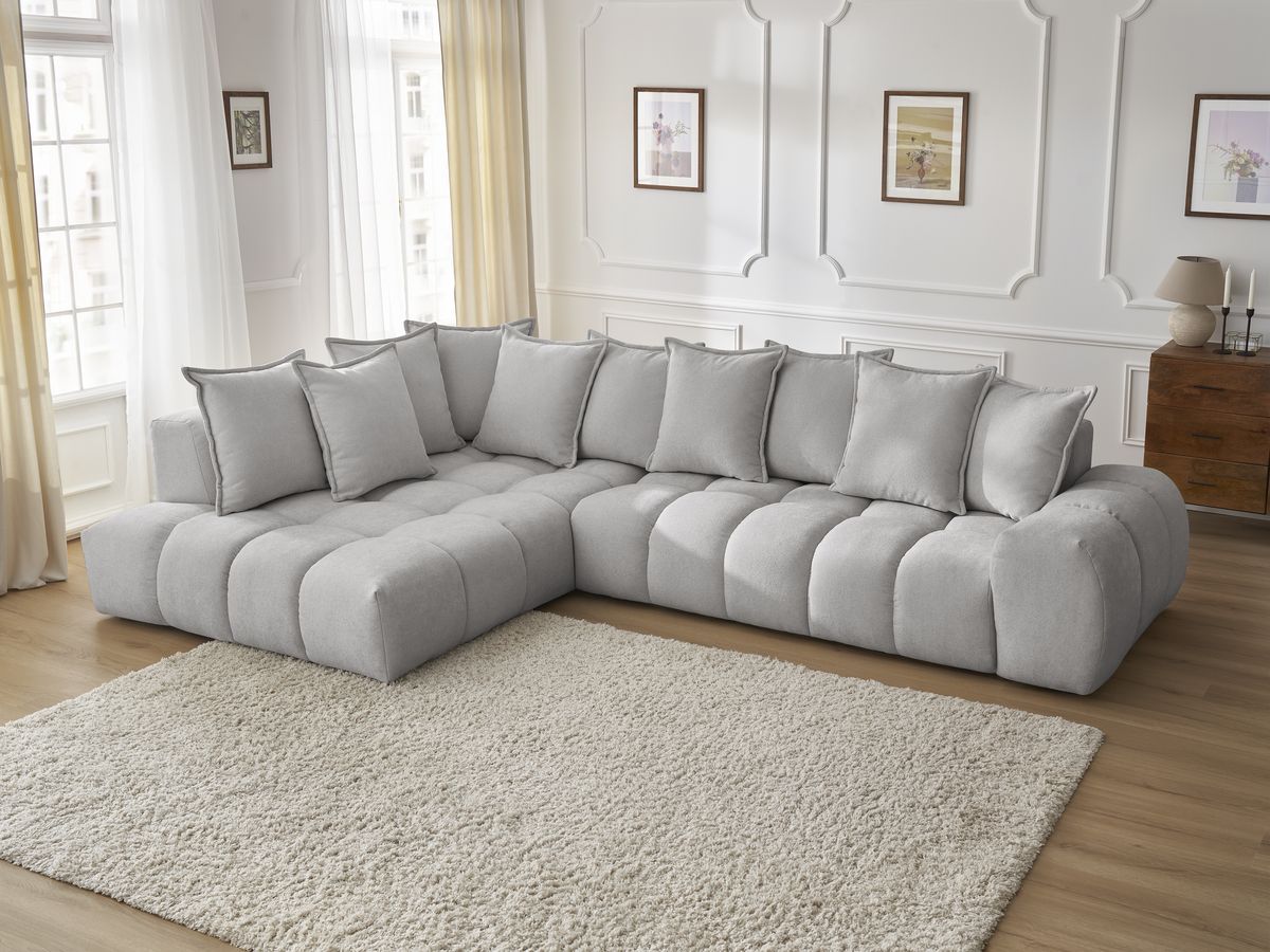 Bobochic Everest Ecksofa, 10 Kissen Strukturstoff Hellgrau Ecke links