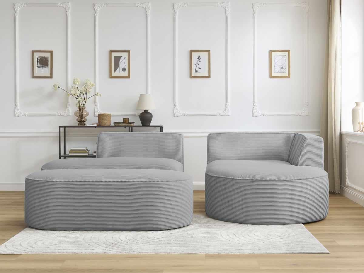 Bobochic Rousseau Ecksofa mit Pouf Cordsamt Hellgrau Ecke rechts