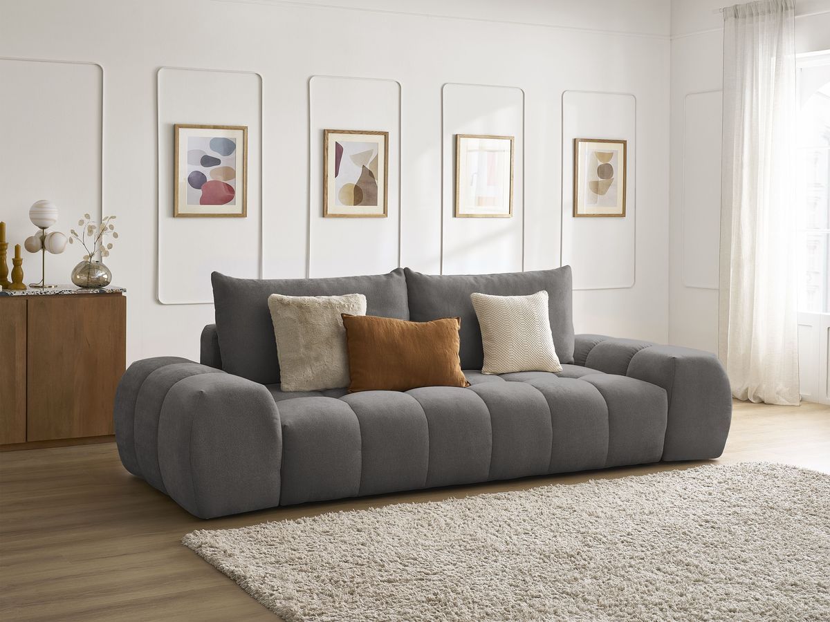 Bobochic Everest Schlafsofa 3-Sitzer mit Bettkasten, 2 Kissen Strukturstoff Dunkelgrau