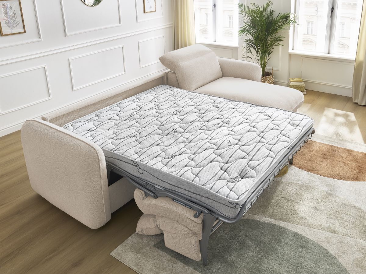 Bobochic Achille Ecksofa mit Schlaffunktion und Bettkasten Melange-Stoff Beige, Liegefläche 160 × 200 cm