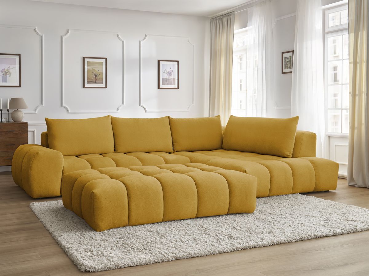 Bobochic Everest Ecksofa mit Schlaffunktion und Pouf, 4 Kissen Strukturstoff Gelb Ecke rechts