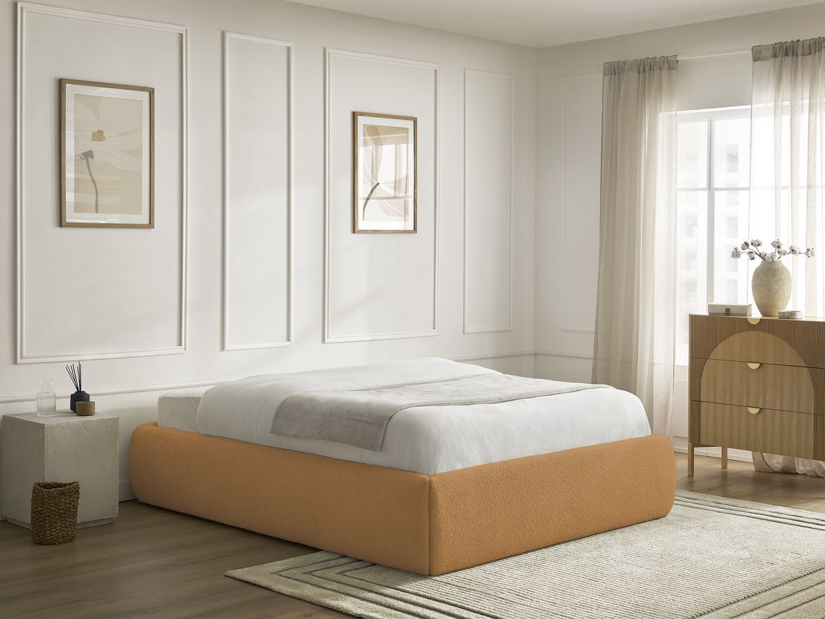 Bobochic Inera Bettgestell mit Bettkasten, ohne Kopfteil Bouclé-Stoff Gelb, Liegefläche 160 × 200 cm