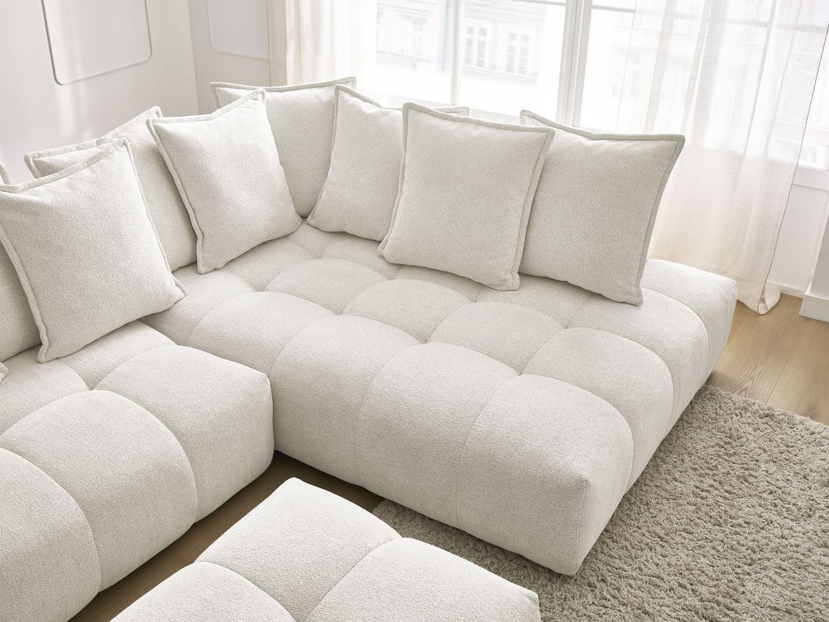 Bobochic Everest Ecksofa mit Schlaffunktion und Bettkasten und Pouf 320 × 212 cm, 10 Kissen Melange-Stoff Weiß Ecke rechts
