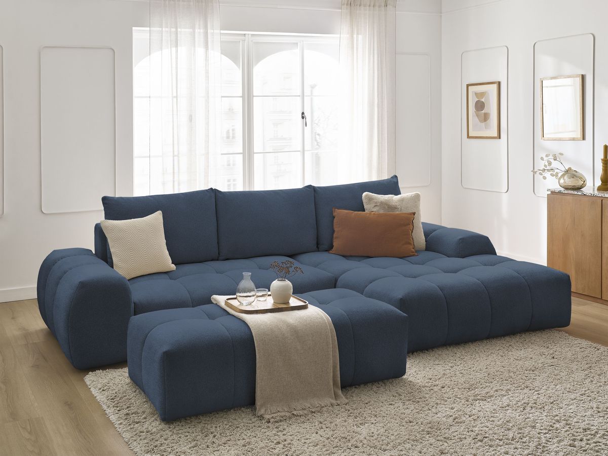Bobochic Everest Ecksofa mit Schlaffunktion und Bettkasten und Pouf 318 × 180 cm, 3 Kissen Melange-Stoff Dunkelblau Ecke rechts