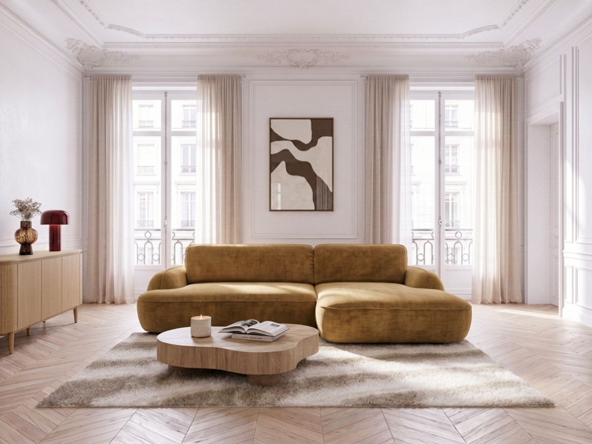 Bobochic Celeste Ecksofa mit Schlaffunktion und Bettkasten Stoff Gelb Ecke rechts