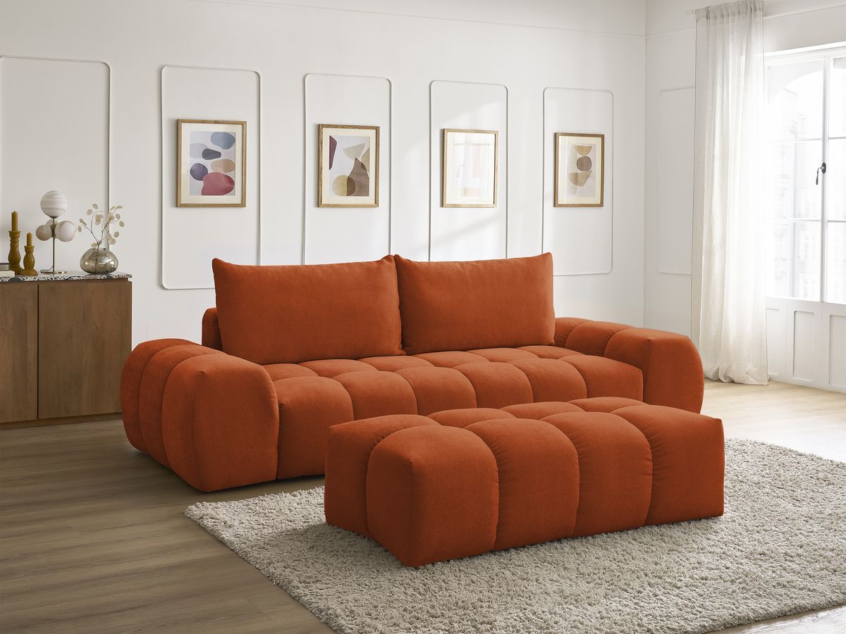 Bobochic Everest Sofa 3-Sitzer mit Pouf, 2 Kissen Strukturstoff Orange