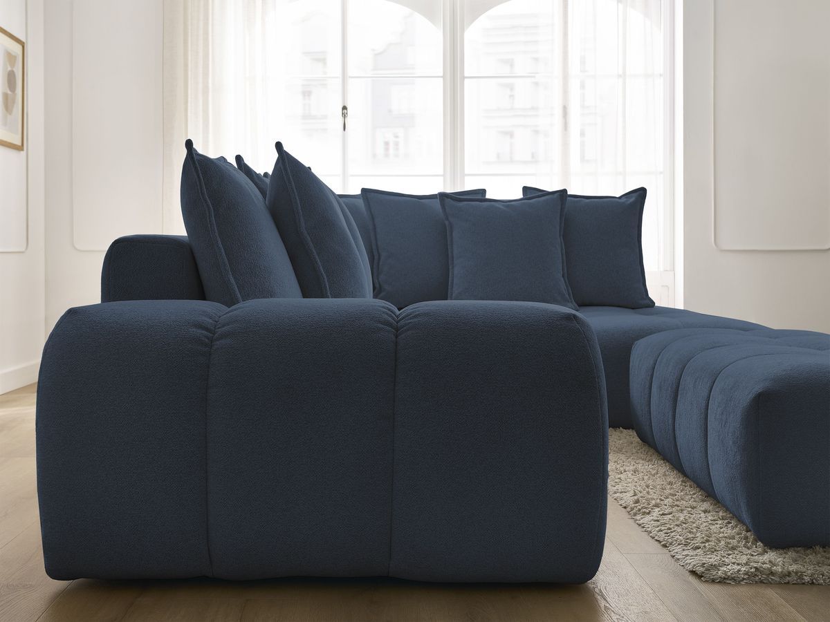 Bobochic Everest Ecksofa mit Schlaffunktion und Bettkasten und Pouf 320 × 212 cm, 10 Kissen Melange-Stoff Dunkelblau Ecke rechts
